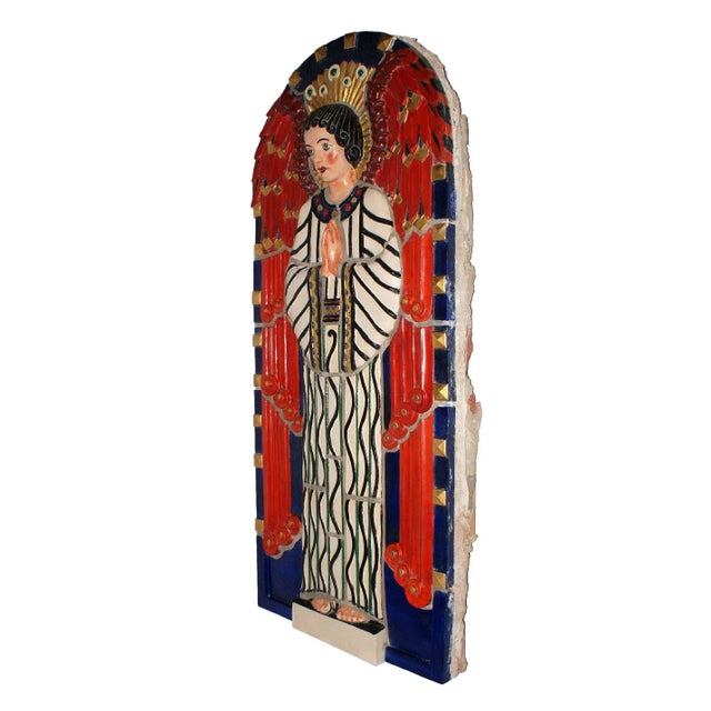 Exceptional Art Deco style hand glazed and gilded polychrome terracotta plaque of an angel. Beautifully detailed imagery...