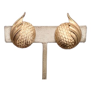 Vintage 1960s Signed Crown Trifari Goldtone Textured Clip Earrings-2 Pieces For Sale