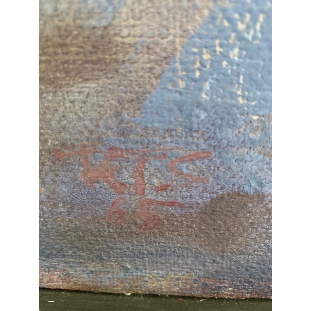 A beautifully rendered oil on canvas of a young boy playing a flute in a wonderful mix of dreamy blues and pinks. Signed...