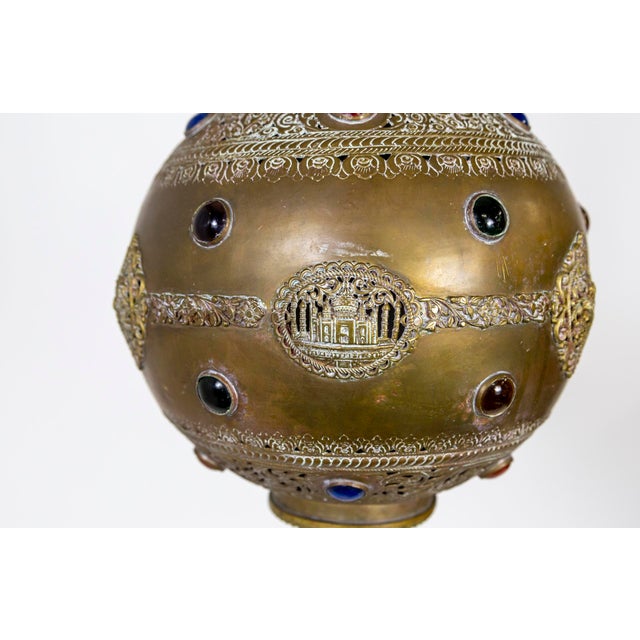 1900 - 1909 Elongated Indian Gulab Pash Form Bejeweled & Pierced Brass Pendant Light For Sale - Image 5 of 11