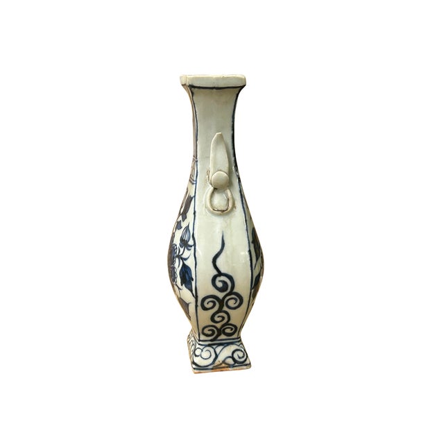 1980s Small Distressed Finish Pear Shape Blue White Graphic Porcelain Vase For Sale - Image 5 of 8