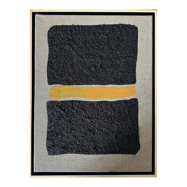 Gold and Carbon Painting on Spanish Linen Minimalist Painting, Framed Mid Gold For Sale