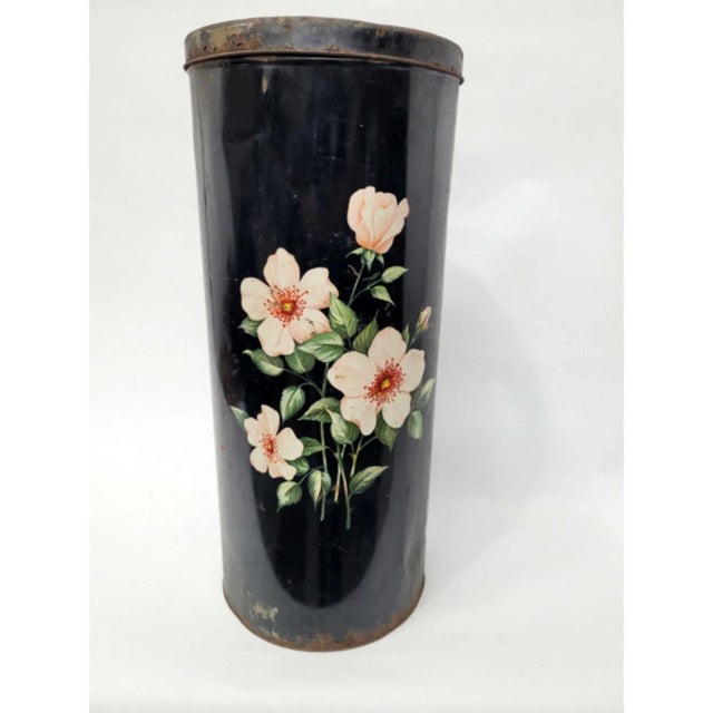 Vintage Tole Black Metal Landry Hamper with Hand Painted Pink Roses For Sale - Image 9 of 9