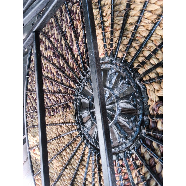 Wood Vintage Hollywood Regency Woven Wicker and Wrought Iron Round Tray Table. For Sale - Image 7 of 16