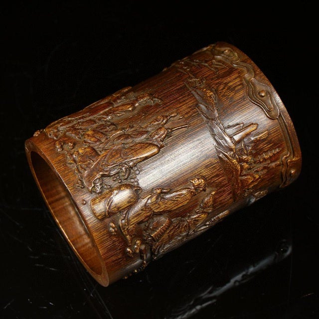 Wood Vintage Chinese Deep Relief Bamboo Carved "Scholars" Brush Pot - 475g For Sale - Image 7 of 9