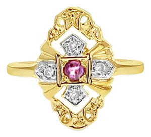 Vintage Style Pave Ruby Diamond Ring 14k Yellow Gold, Size 6.75