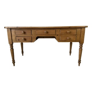 Vintage Rustic Pine Farmhouse Writing Desk With Turned Legs & Five Drawers For Sale