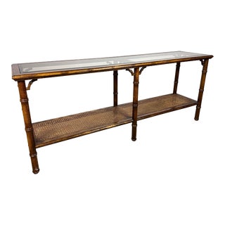 Mid Century Era Faux Bamboo and Cane Glass Topped Console Table in Antiqued Oak For Sale