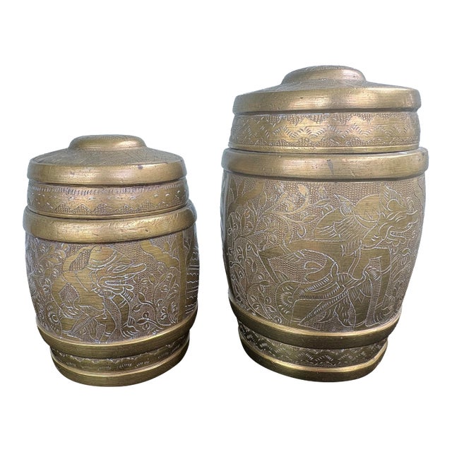 Vintage Hand-Etched Asian Brass Covered Jars – Set of 2 Decorative Canisters For Sale