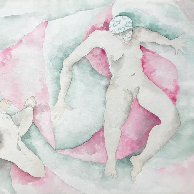 A substantial and understated figurative watercolor showing two women wearing colored caps contrasting against a semi-...