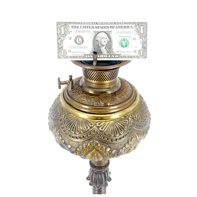 19h Century Cast Polished Brass Tripod Base Adjustable Height Oil Flor Lamp MINT For Sale - Image 9 of 17