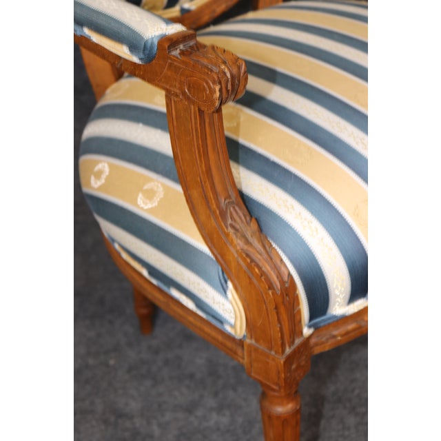 Pair 1920's French Louis XVI Carved Armchairs With Silk Upholstery For Sale - Image 14 of 15