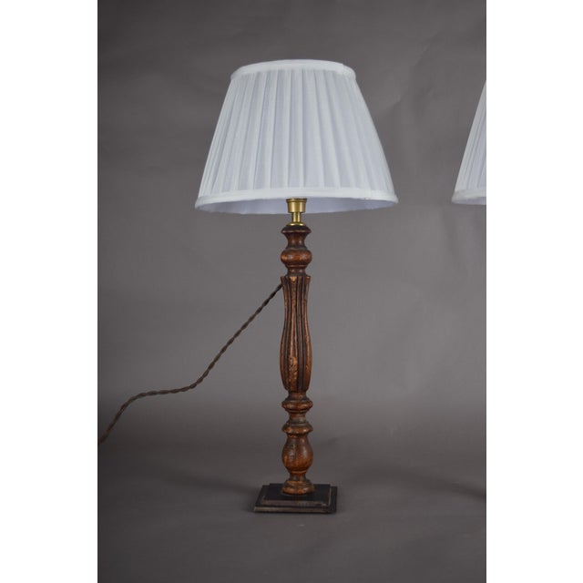 Vintage Turned Wood Table Lamps with Pleated Shades, France, 1970s, Set of 2 For Sale - Image 9 of 12