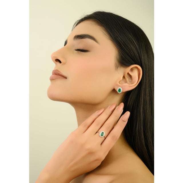 Zambian Emerald Diamond Halo Stud Earrings in 14k Gold- A Pair Gift for Mom For Sale - Image 9 of 14
