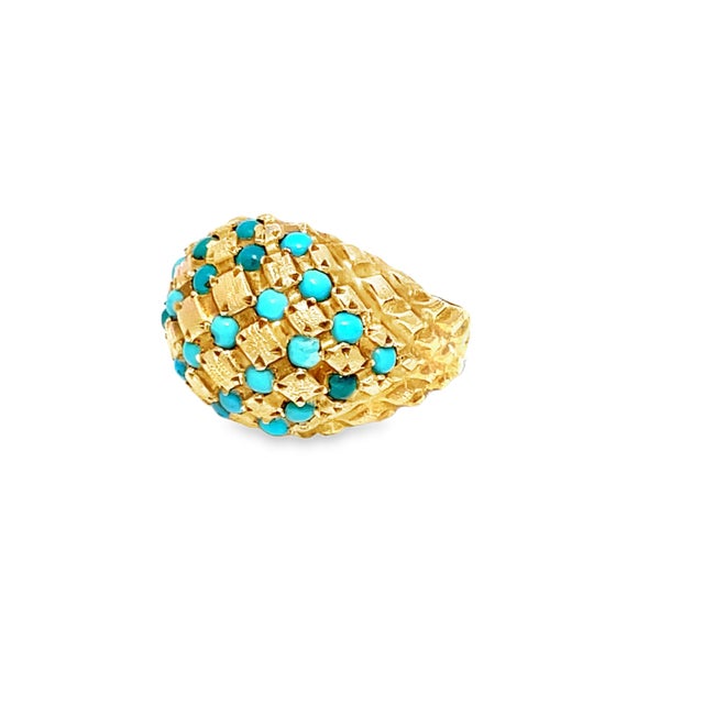Mid 20th Century Mid 20th Century 18k Yellow Gold Vintage Turquoise Studded Ring, Size 5.5 For Sale - Image 5 of 10