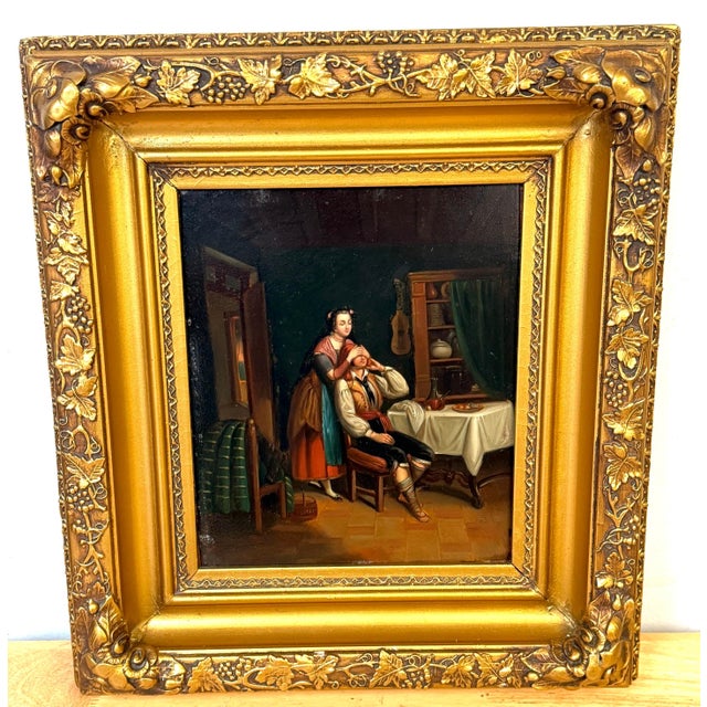 Wood 19th Century Biedermeier Genre Painting “The Surprise" Oil on Tin Original Frame For Sale - Image 7 of 14