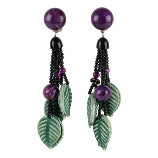 Angela Caputi Dangle Resin Clip Earrings Green and Purple Leaves Design For Sale