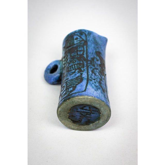Small Mid-Century French Blue Ceramic Ewer with Engraved Decoration of Stylized Owls and Fish by Jacques Blin, 1950s For Sale - Image 12 of 15