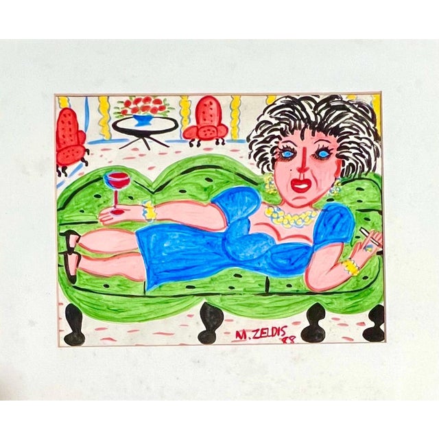 Folk Art Malcah Zeldis, Malcah Zeldis Folk Art Gouache Painting Wine & Cigarettes Woman Outsider Artist, 1988 For Sale - Image 3 of 8