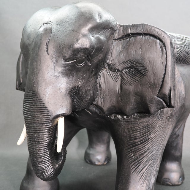 Black 1970s Carved Solid Wood Black Indian Elephant Footstool With Cushion For Sale - Image 8 of 12