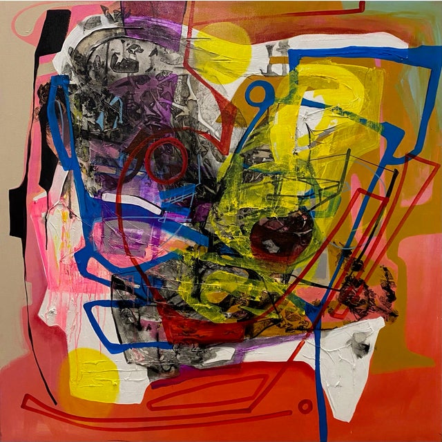 This mixed media artwork features a dynamic interplay of bold colors and abstract shapes, creating a sense of movement and...
