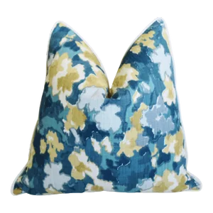 Designer Madcap Cottage Blue & Gold Floral Feather/Down Pillow 22" Square