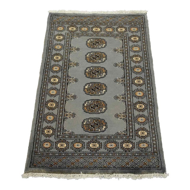 Bokhara Rug 2’8” X 4’1” Gray Wool Tribal Hand-Knotted Oriental Carpet For Sale
