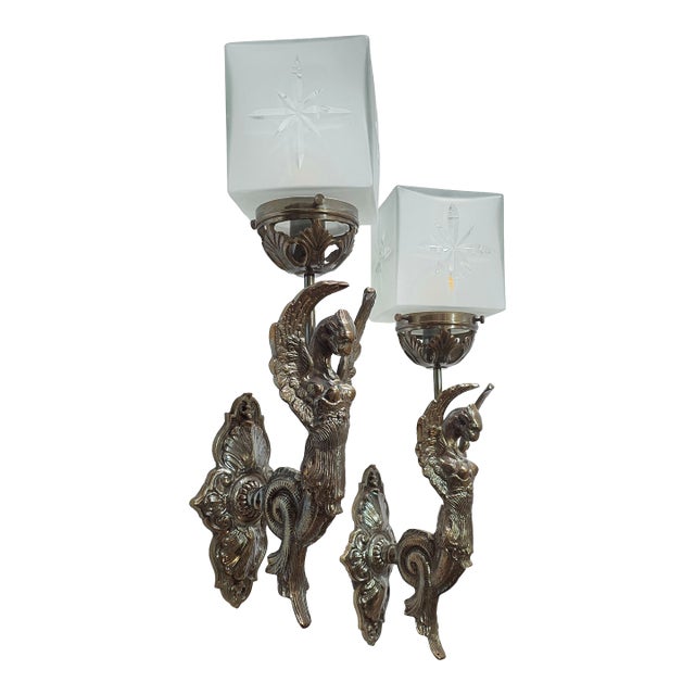 Vintage Art Nouveau Deco Light Old Lamp Lion Mermaid Wall Sconces Fixture Brass & Star Glass Shade Light Lamp - a Pair For Sale