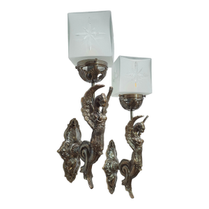 Vintage Art Nouveau Deco Light Old Lamp Lion Mermaid Wall Sconces Fixture Brass & Star Glass Shade Light Lamp - a Pair