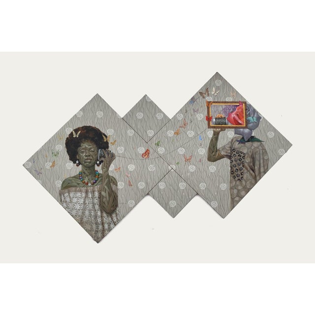 This tetraptych features a striking interplay of figures rendered in acrylic and glow-in-the-dark medium, creating a...