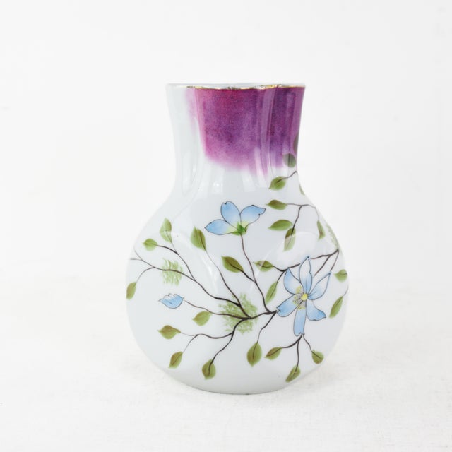 Delicate Purple and White Floral Ceramic Pitcher With Branch Handle For Sale - Image 4 of 10