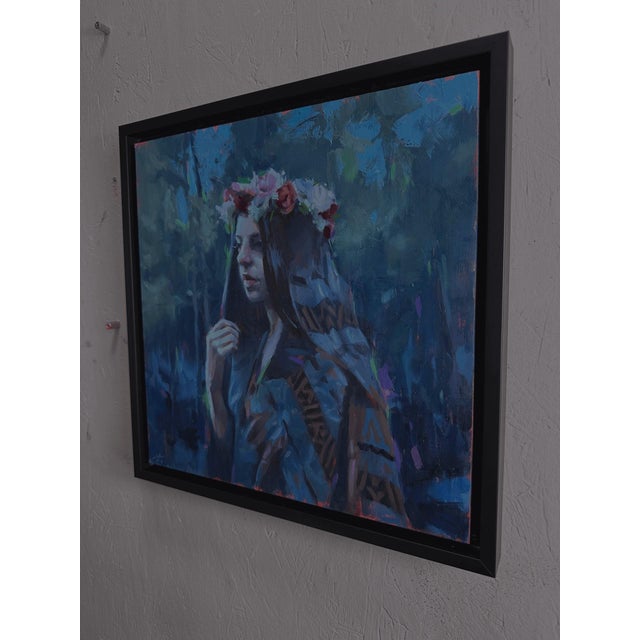 Nox Flore by Judd Mercer | Oil on panel Portrait of a woman in a floral crown and dark attire For Sale - Image 4 of 5