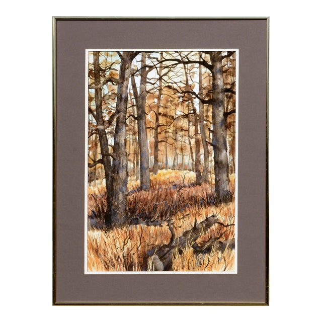 1970s "Autumn Forest" Earth-Tone Vertical Landscape Watercolor Painting with Trees by Kay Swanson For Sale