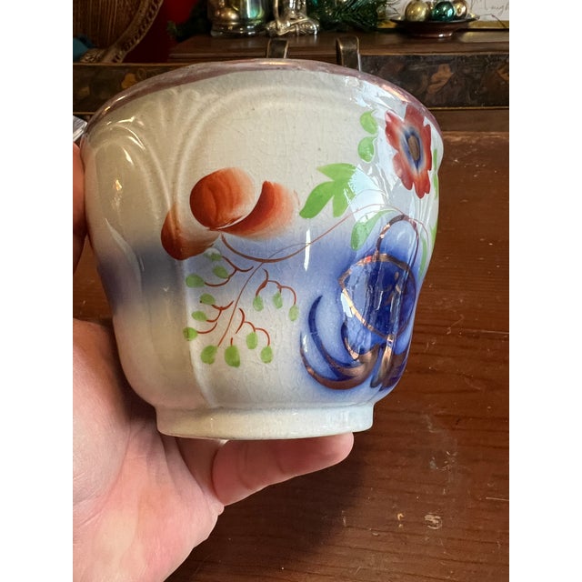 A Fine and Rare Antique Flow-Blue Gaudy Decorated Ironstone Waste Bowl, Staffordshire, England 1840's For Sale - Image 4 of 15