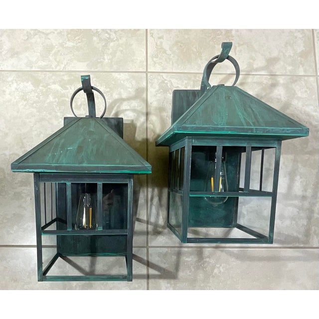 Turquoise Pair of Vintage Solid Brass Outdoor Lanterns – Arts & Crafts Mission Style For Sale - Image 8 of 13