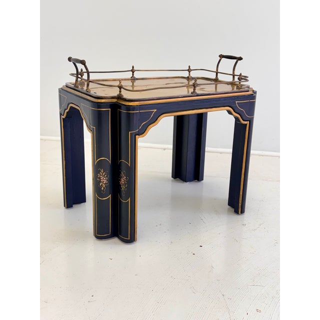 Vintage Regency Style Black Lacquer and Brass Side Table With Chinoiserie Detail For Sale - Image 12 of 16