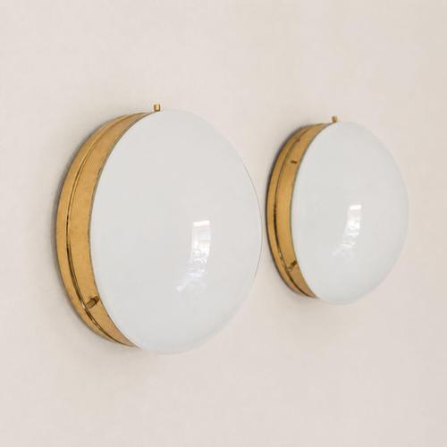 Metal Opal Glass and Brass Wall Lamps in the style of Stilnovo, Set of 2 For Sale - Image 7 of 11