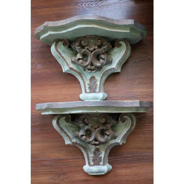 Late 20th Century Large Vintage Italian-Style Gilded Celadon Rococo Wall Brackets—A Pair For Sale - Image 5 of 18