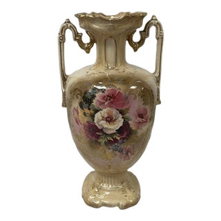 Antique Thomas Forester & Sons Floral Urn Vase Gold Gilt Double Handles England For Sale