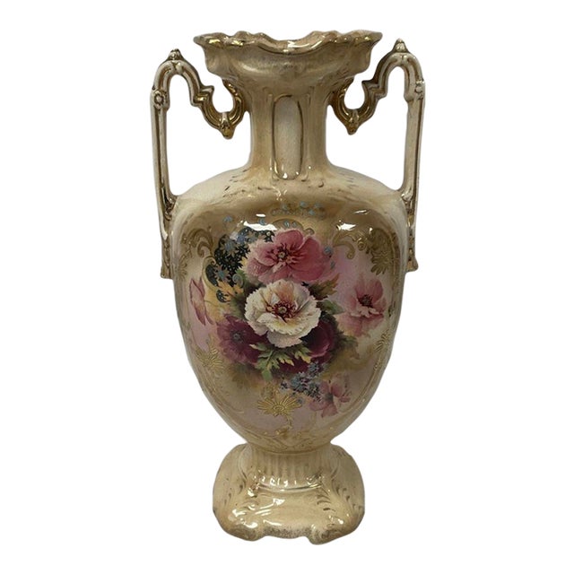 Antique Thomas Forester & Sons Floral Urn Vase Gold Gilt Double Handles England For Sale