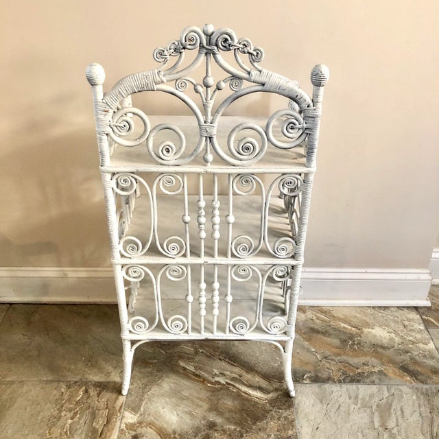 Wood Antique White Curly Wicker Stick and Ball Shelf For Sale - Image 7 of 7