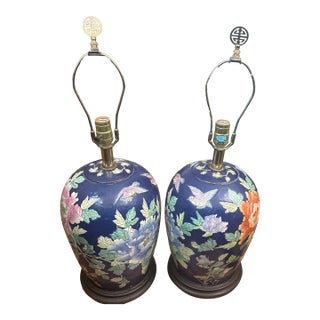 1980s Navy Blue Chinoiserie Lamps - a Pair For Sale