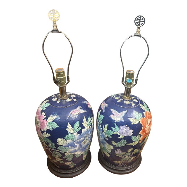 1980s Navy Blue Chinoiserie Lamps - a Pair For Sale