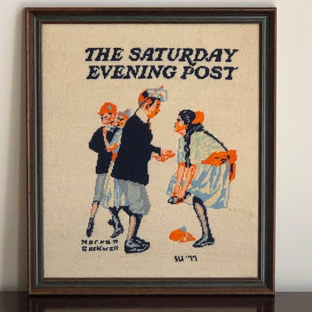 Offering a vintage needlepoint depicting Norman Rockwell's "Children Dancing at a Party" (also known as "Pardon Me"). The...
