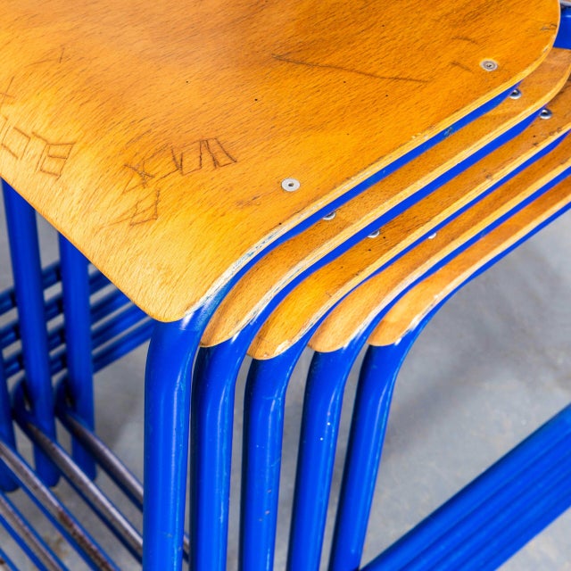 Wood French Blue Stacking D Back High Bar Chair from Mullca, 1970s, Set of 6 For Sale - Image 7 of 11
