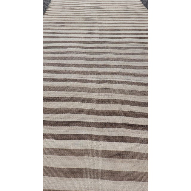 Vintage Turkish Kilim Runner Brown Stripe Ivory Neutral Wool Flatweave For Sale - Image 9 of 12