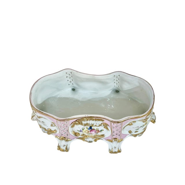 Vintage Hollywood Regency Pink and Gold Floral Porcelain Footed Jardiniere For Sale - Image 4 of 11
