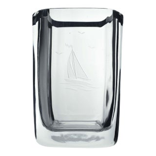 Mid-Century Modern Hand-Blown Glass Swedish Hand-Engraved Crystal Sailboat Vase by Strömbergshyttan Signed For Sale