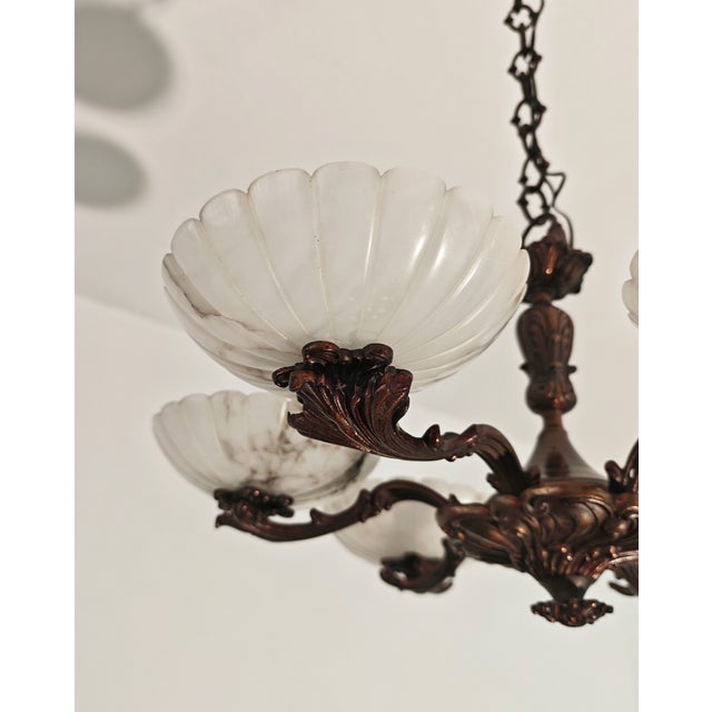 Art Deco Bronze Chandelier with Six Alabaster Lampshades, Made in Italy in the 1950s/1960s. For Sale - Image 10 of 18