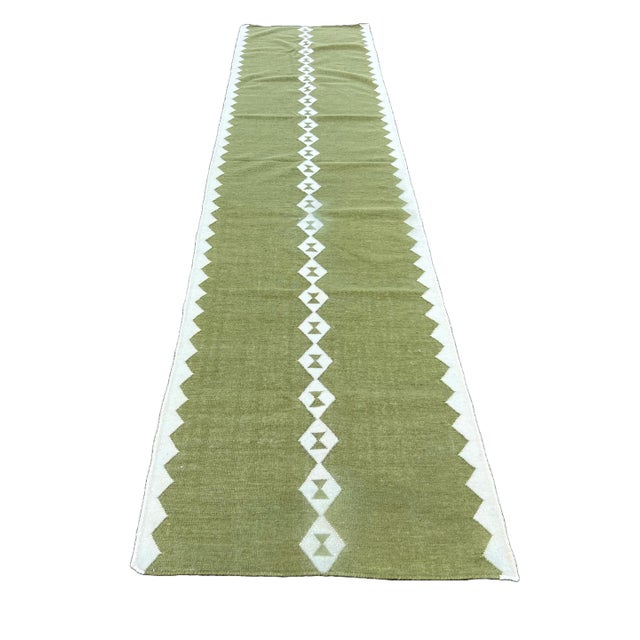 Mid-Century Modern Handmade New Zealand Wool Dhurrie Runner, Olive Green and Cream Geometric Runner Rug- 3'x8' For Sale - Image 3 of 13